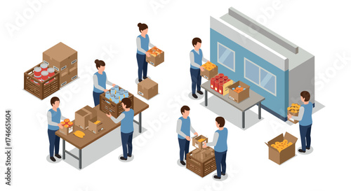 Volunteering activities in community food bank with people packing donations
