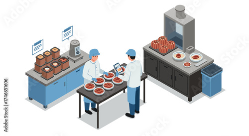 Isometric bakery production: workers preparing bread and pastries in modern kitchen