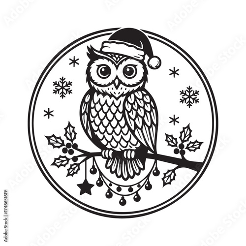Christmas Owl on Branch with Holly and Snowflakes