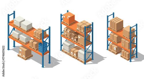 Isometric warehouse shelving with cardboard boxes on industrial racks