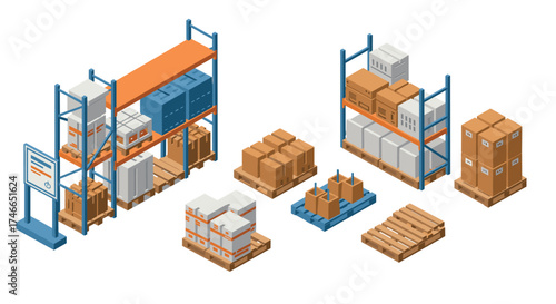 Isometric warehouse storage with cardboard boxes and pallets