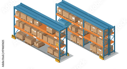 Industrial warehouse storage with boxes and metal shelves in isometric view