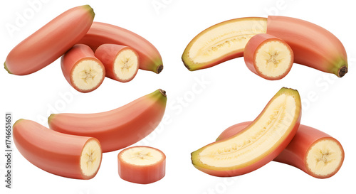 Ripe red bananas sliced and whole isolated on white background, tropical fruit close-up, healthy snack, fresh produce, perfect for food content