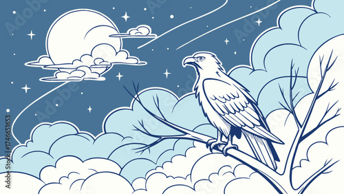 Nighttime Eagle Perched on Branch Moon Stars Clouds Bird Illustration Vector Graphic.