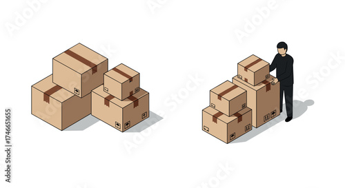 Person organizing cardboard boxes in a minimalist setting