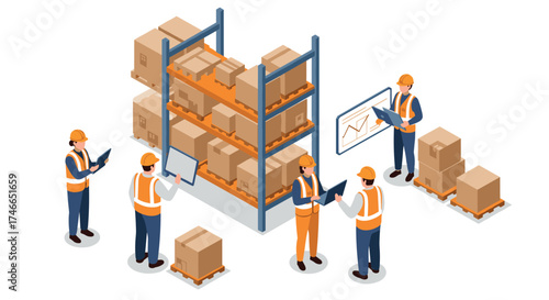 Warehouse team managing inventory with digital tablets and charts in isometric style