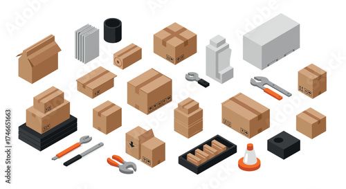 Isometric cardboard boxes and tools set for industrial and shipping design