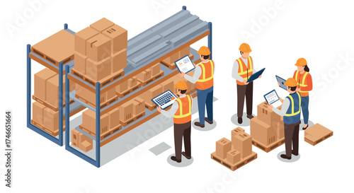 Warehouse logistics team managing inventory with technology in an isometric design