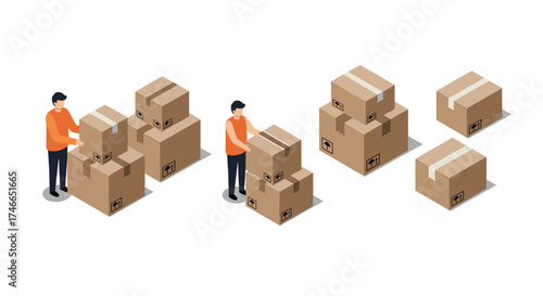 Warehouse workers organizing cardboard boxes in isometric style