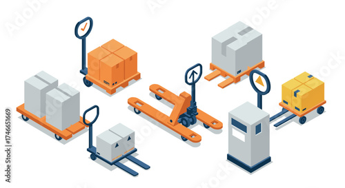 Isometric warehouse equipment: pallet jacks and boxes for efficient logistics and transportation