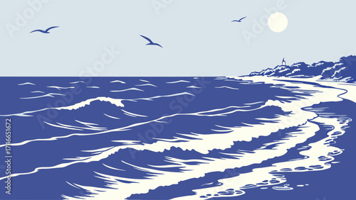 Ocean waves crashing on a sandy beach with birds flying overhead and a sun in the sky stylized illustration.