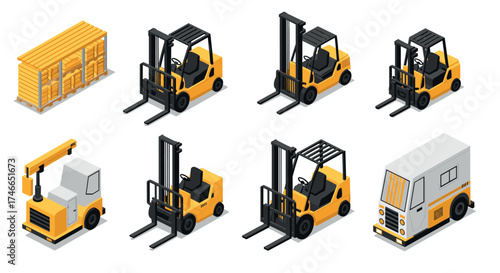 Isometric forklift and construction vehicles collection for industrial design projects