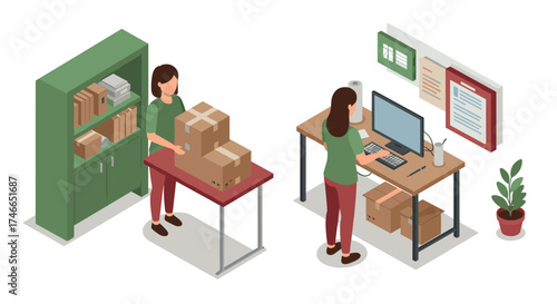 Office employees organizing and working on computers in modern workspace