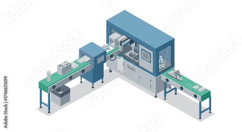 Isometric industrial production line with automated conveyor system