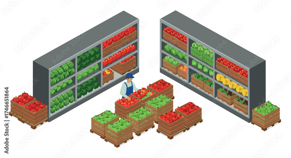 Fototapeta premium Isometric supermarket produce aisle with fresh fruits and vegetables displayed on shelves
