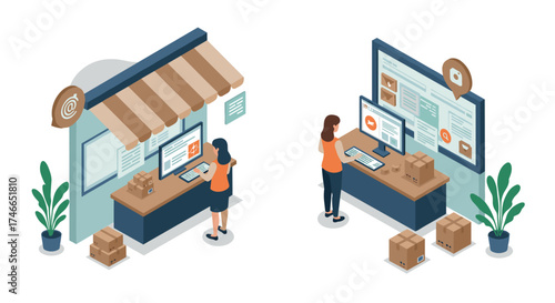 Isometric depiction of e-commerce order processing and online shopping experience