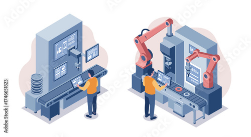 Modern industrial automation with robots and control system in manufacturing process