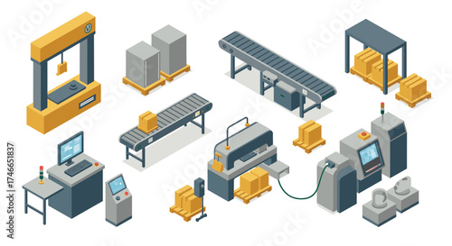 Isometric factory automation equipment with conveyor belts and packaging machines