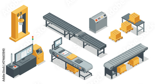 Isometric factory conveyor belt system with packaging equipment and industrial machines