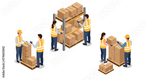 Warehouse workers organizing and stacking cardboard boxes on racks in isometric storage room