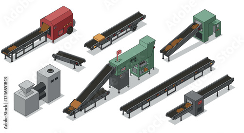 Industrial conveyor belt machines in isometric style for manufacturing design