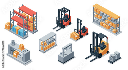 Isometric warehouse equipment and racks with forklifts and storage solutions