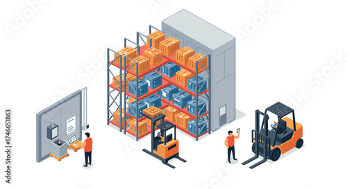 Modern warehouse automation with isometric design and advanced robotics