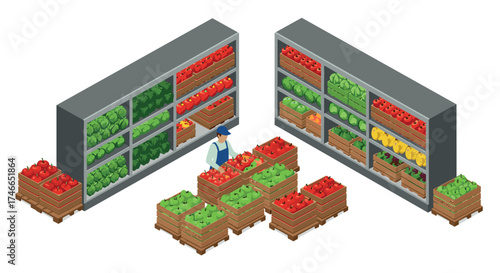 Isometric supermarket produce aisle with fresh fruits and vegetables displayed on shelves