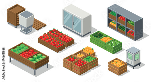 Isometric market stands with fresh produce and storage units