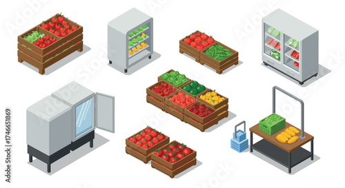 Grocery store isometric display with fresh produce and refrigerators