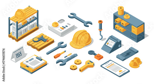 Isometric tools and equipment icons for industrial and construction design