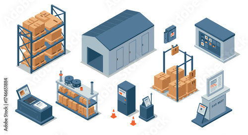 Isometric warehouse equipment and industrial elements set