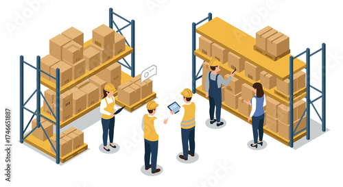 Isometric warehouse operations with workers managing inventory and cargo