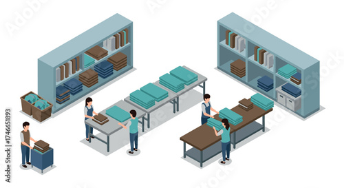 Isometric warehouse scene with workers organizing shelves and folding textiles on tables