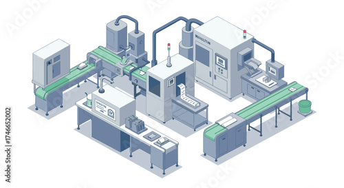 Isometric industrial robotic automation manufacturing factory assembly line