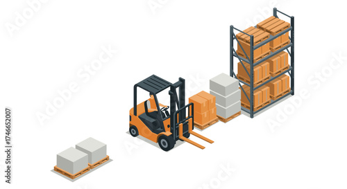 Isometric warehouse scene with forklift and pallet racks