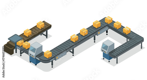Isometric conveyor belt system with boxes in automated warehouse setting