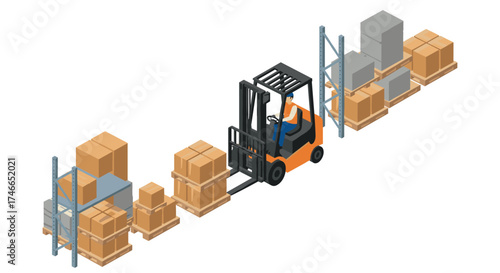 Isometric forklift and warehouse boxes scene for logistics and inventory management