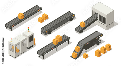 Modern isometric conveyor belt system with packages in a warehouse setting