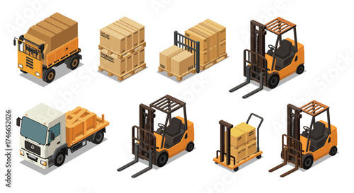 Diverse forklift and warehouse equipment set in isometric style