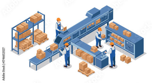 Modern isometric warehouse with automated packaging process and workers