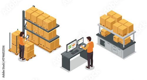 Warehouse management system isometric design with shelves and workers