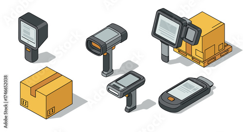 Modern isometric barcode scanners and packages for efficient logistics and inventory management