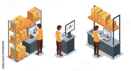 Isometric warehouse logistics: workers managing shipments and inventory on monitors