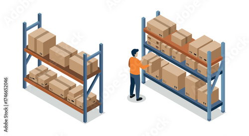 Worker arranging boxes on shelves in warehouse isometric style