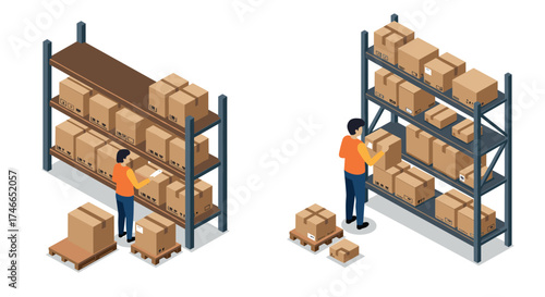 Warehouse shelving organization with workers in isometric style