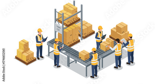 Warehouse workers organize packages on conveyor belt in isometric design