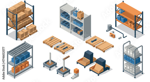 Isometric warehouse shelves and pallets with boxes and equipment