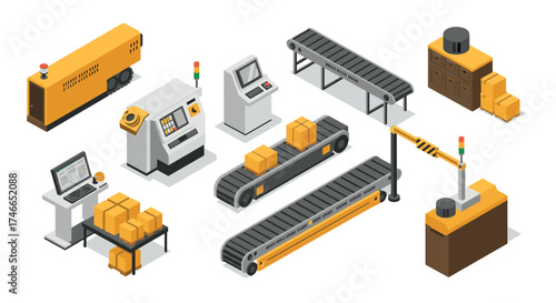 Isometric factory equipment collection featuring conveyor belts and machinery for automated warehousing