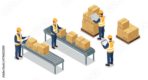 Warehouse team organizing packages on conveyor belt in isometric style